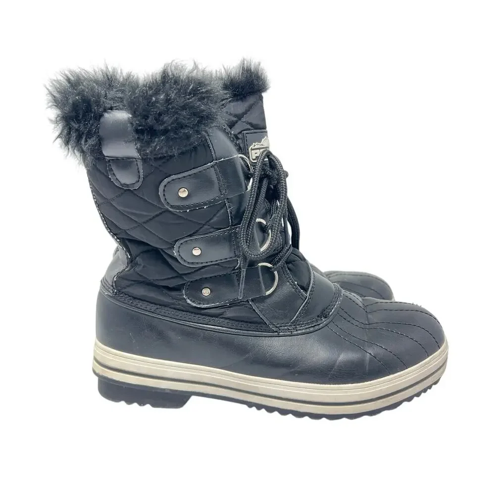 Women’s POLAR Black Faux Fur Trim Quilted Snow Winter Rain Waterproof Boots 11